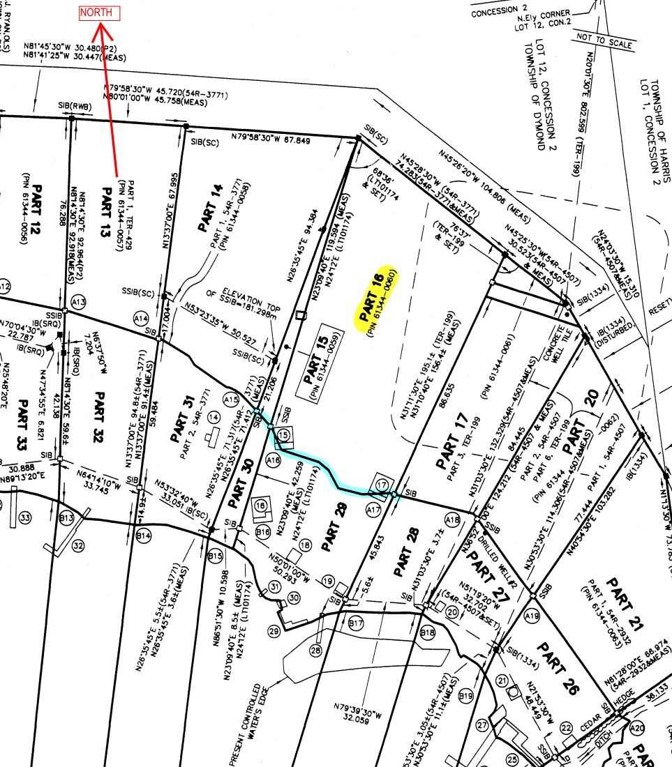 Registered reference plan showing the two property parcels PART 15 and PART 16 (highlighted), with the surveyed shoreline and structure placements within the immediate setback