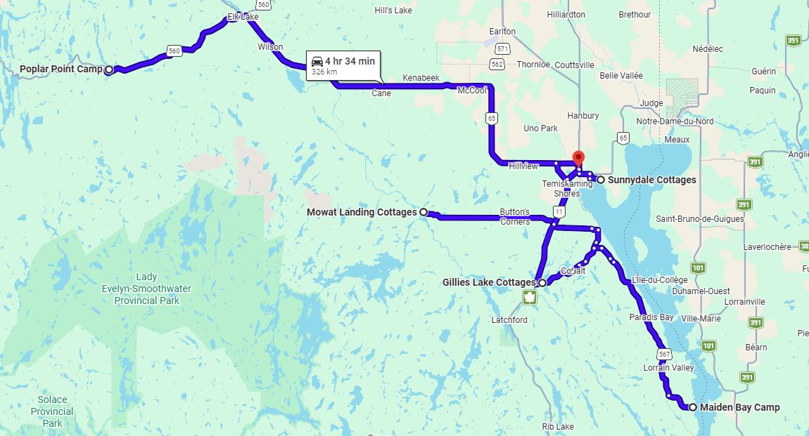 Map showing the geographic distribution of operating cottage-resort properties in the Timiskaming region — Sunnydale Cottages within the City of Temiskaming Shores, with Poplar Point Camp, Mowat Landing Cottages, Gillies Lake Cottages, and Maiden Bay Camp spread across the surrounding region